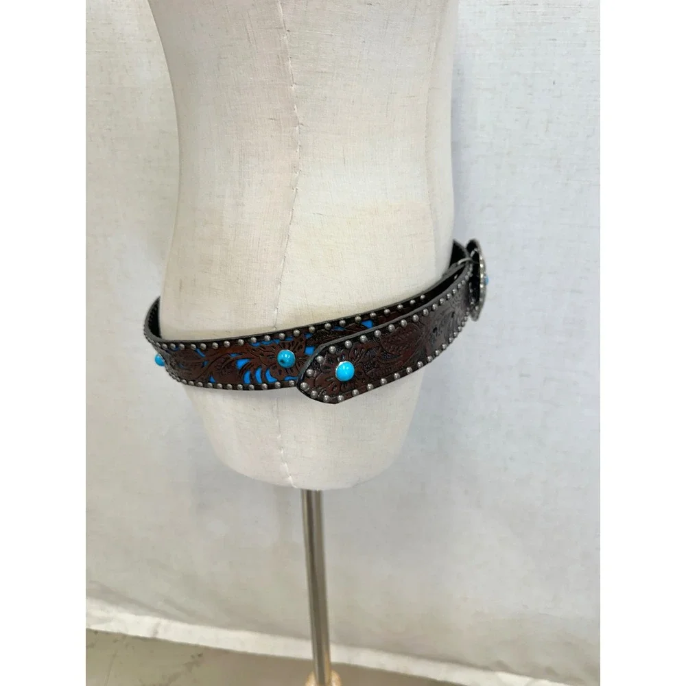 Leather Turquoise Floral Tooled Western Belt Womens Medium/Large Vegan‎ Leather